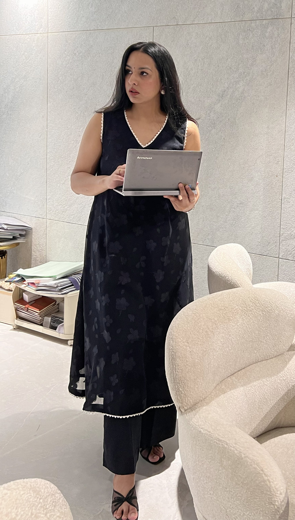 Noir Scallop-Trim A-Line Kurta Set
