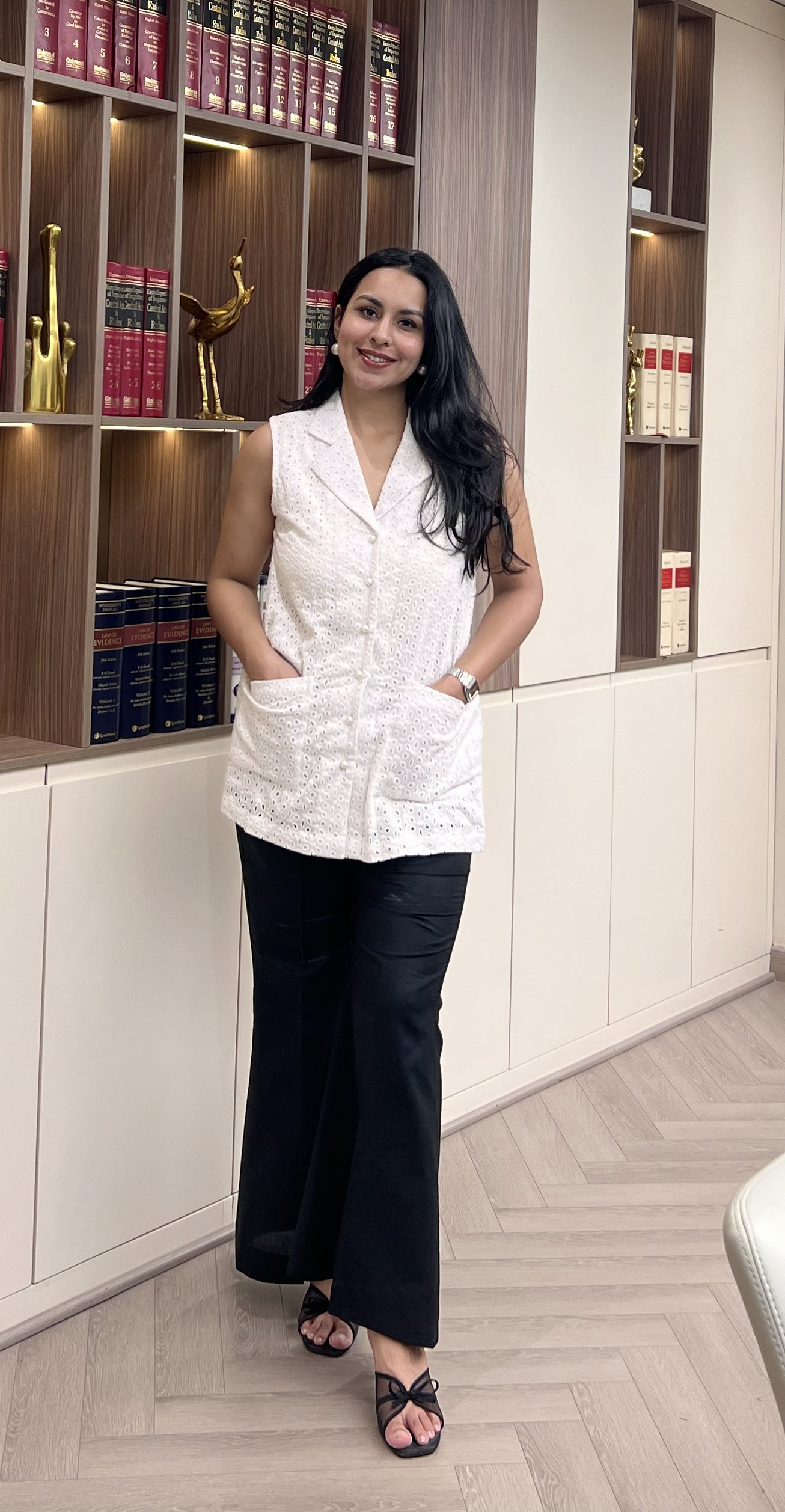 White Schiffli Lapel-Collar Top & Black Flare Pants Set