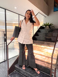 White Schiffli Lapel-Collar Top & Black Flare Pants Set