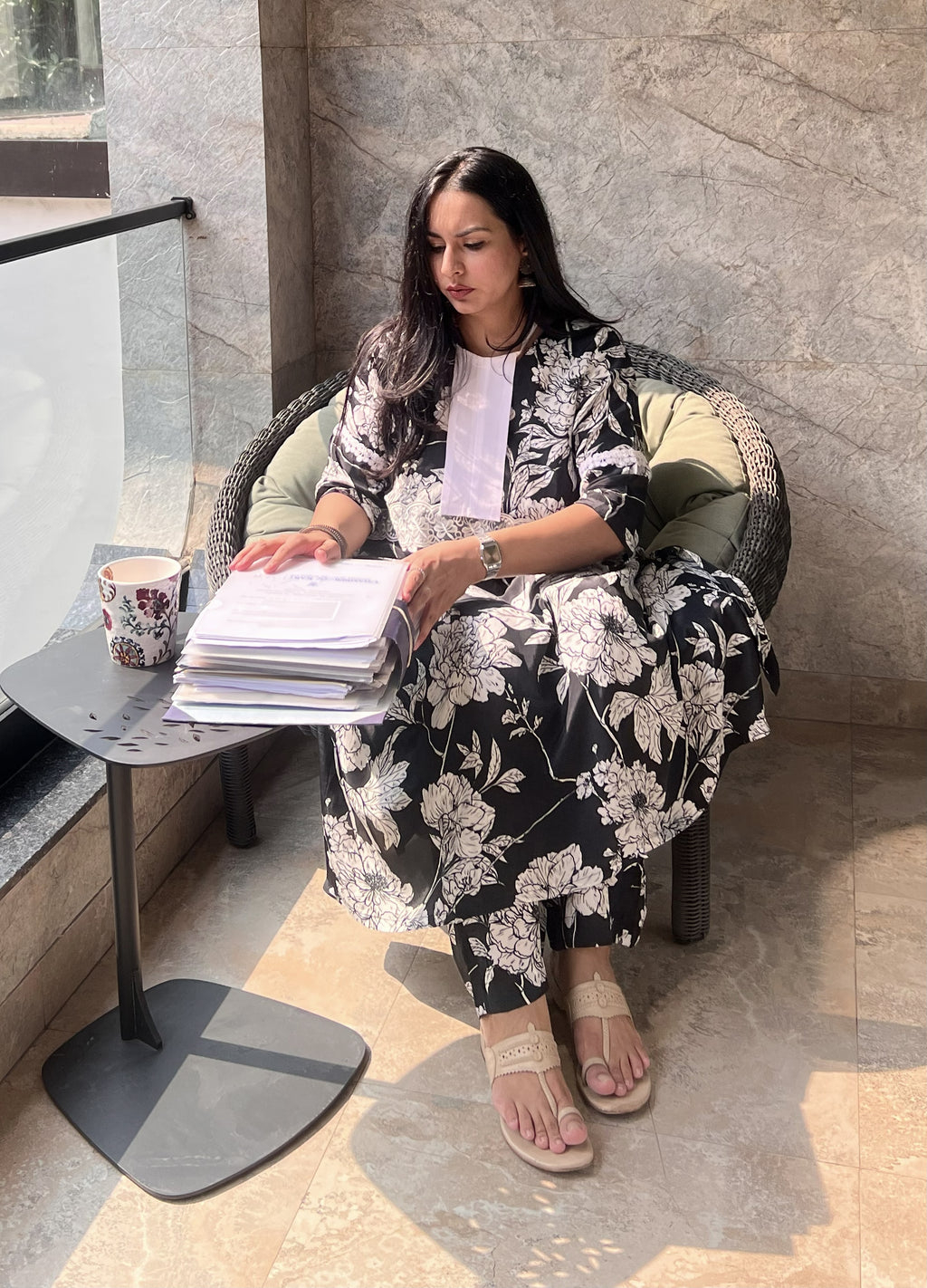 Black & White Floral Print A-Line Kurta Set