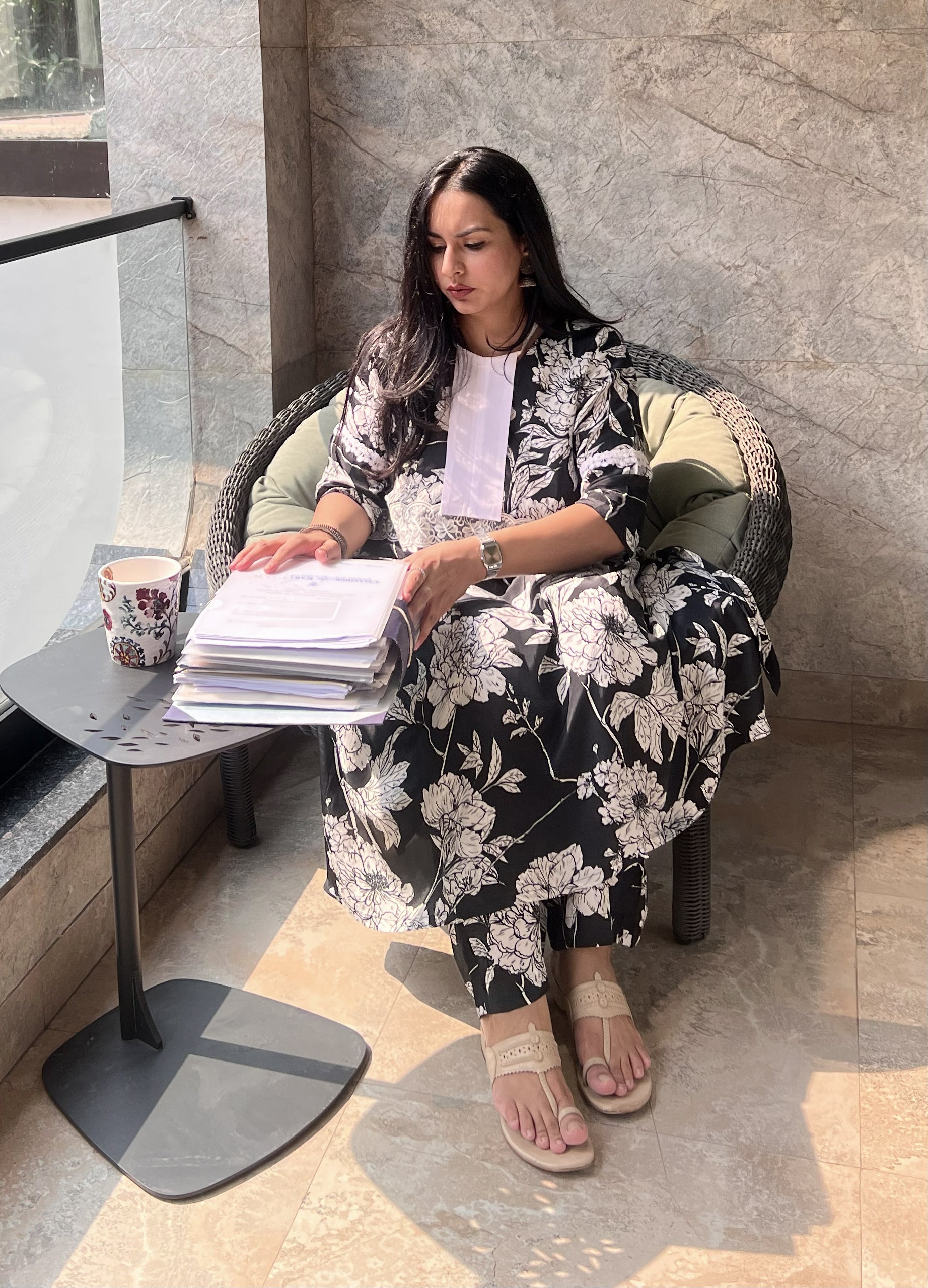 Black & White Floral Print A-Line Kurta Set