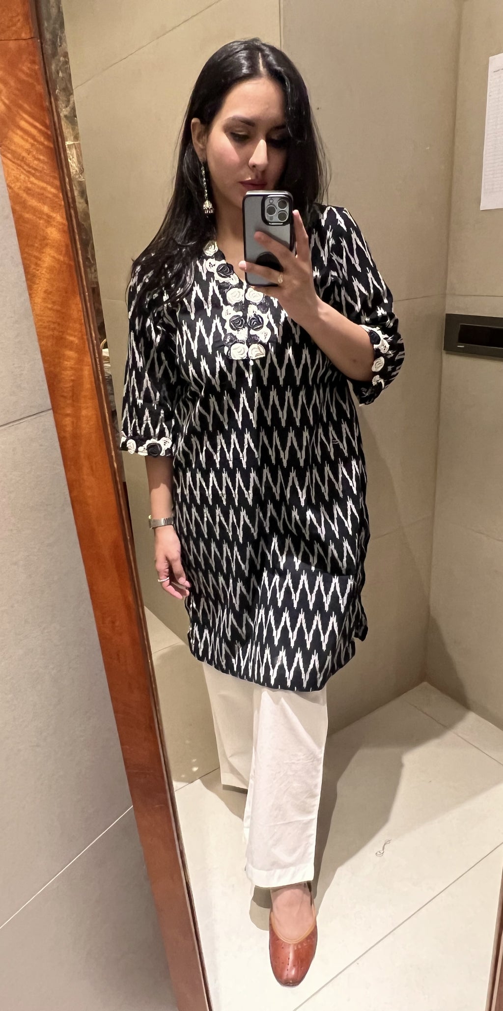 Black Ikat Rosette Kurta with White Straight Pants