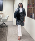 Black Ikat Rosette Kurta with White Straight Pants