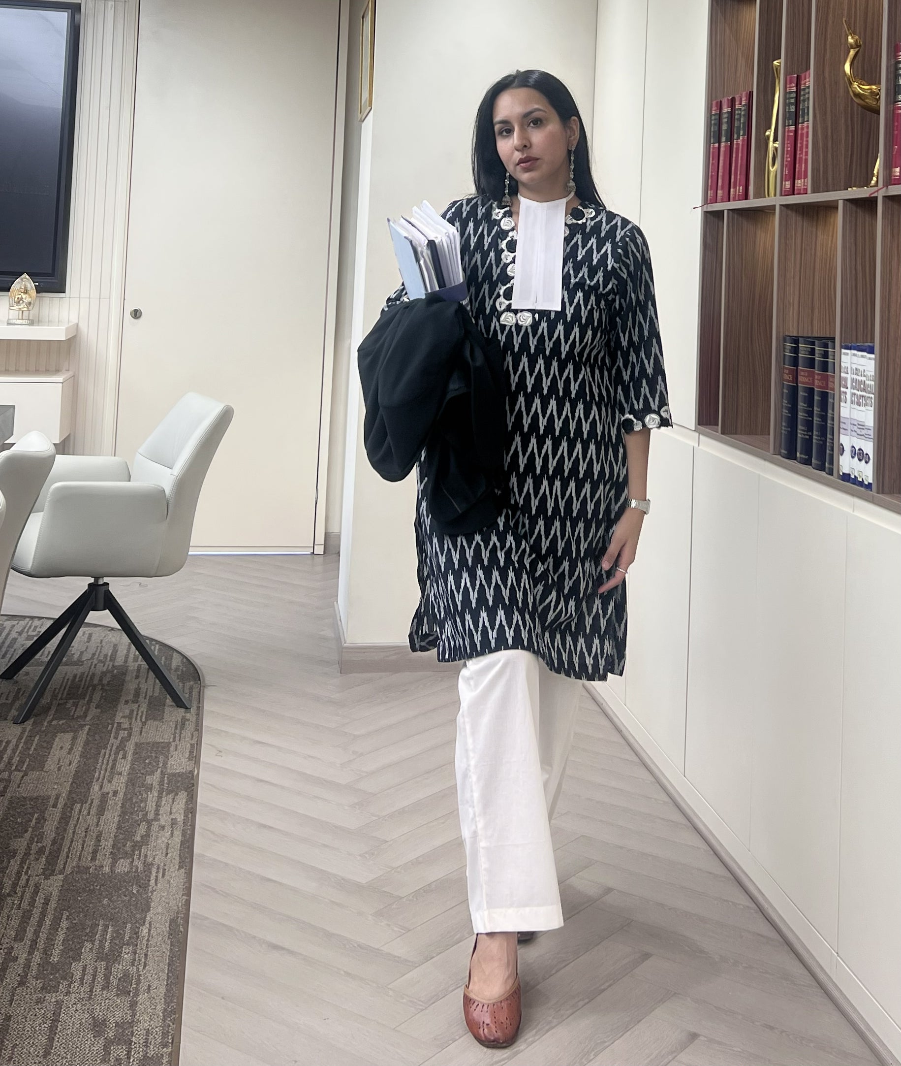 Black Ikat Rosette Kurta with White Straight Pants