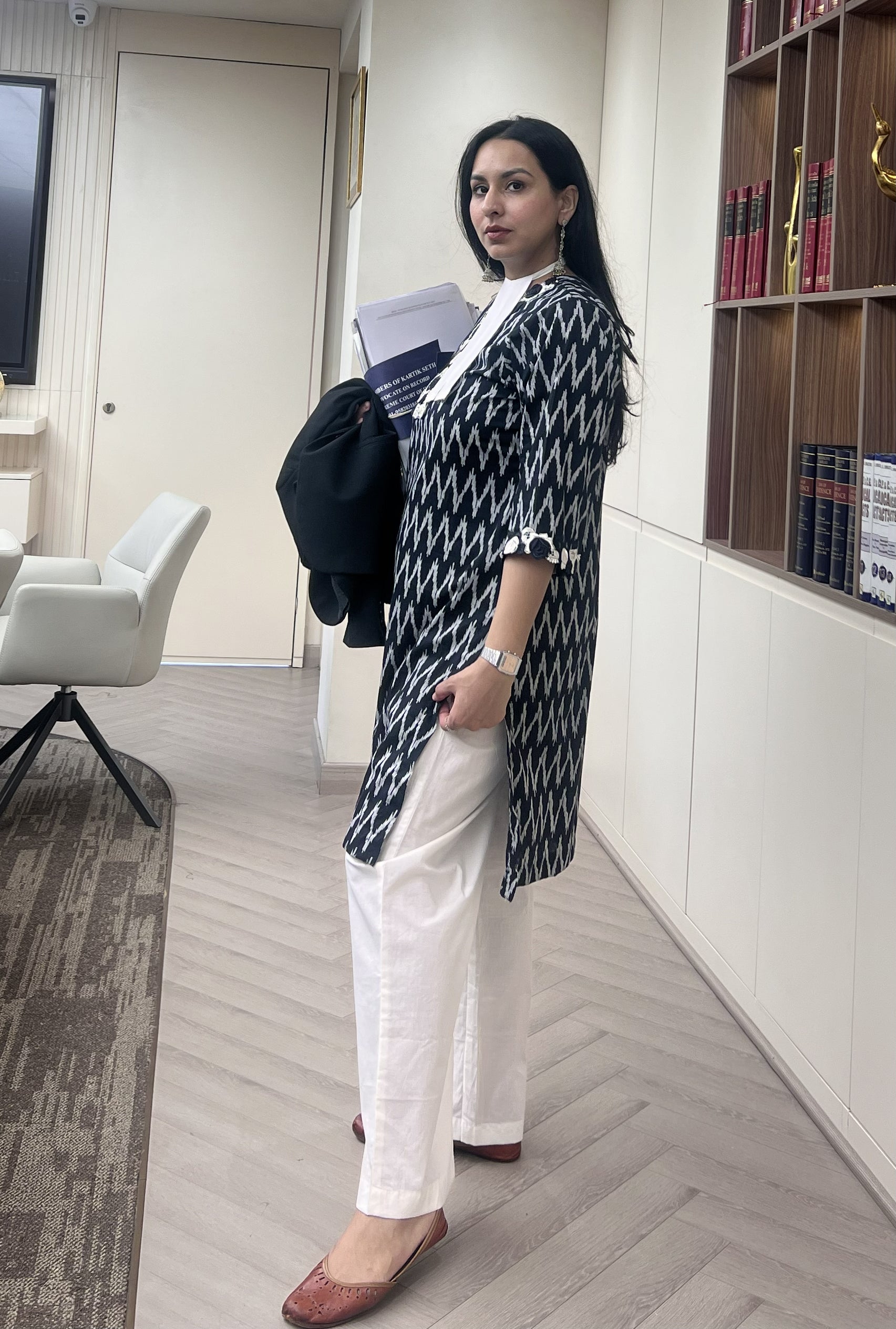 Black Ikat Rosette Kurta with White Straight Pants