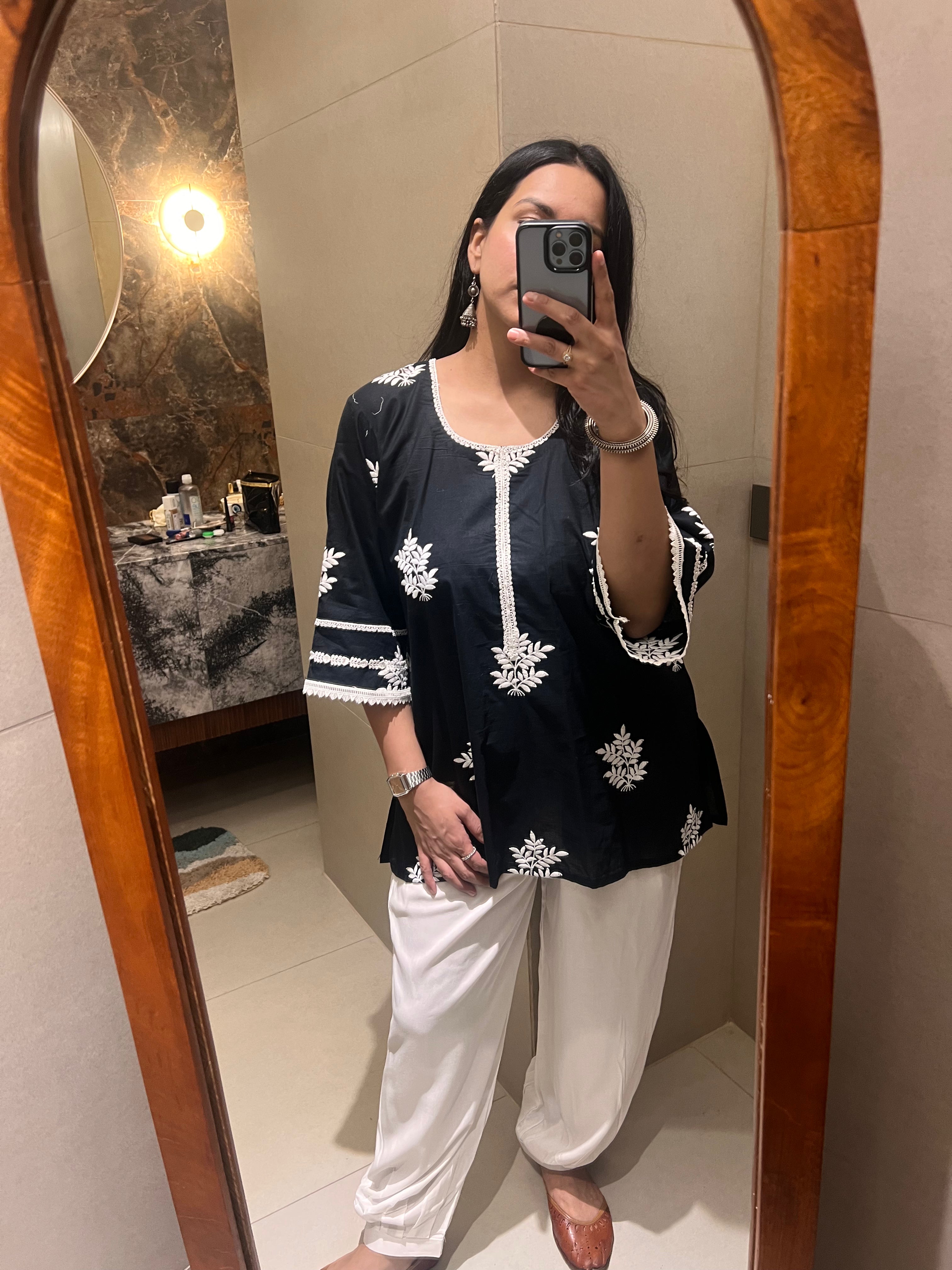 Black Embroidered Bell-Sleeve Kurti with White Afghani Salwar