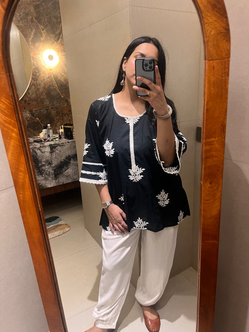 Black Embroidered Bell-Sleeve Kurti with White Afghani Salwar