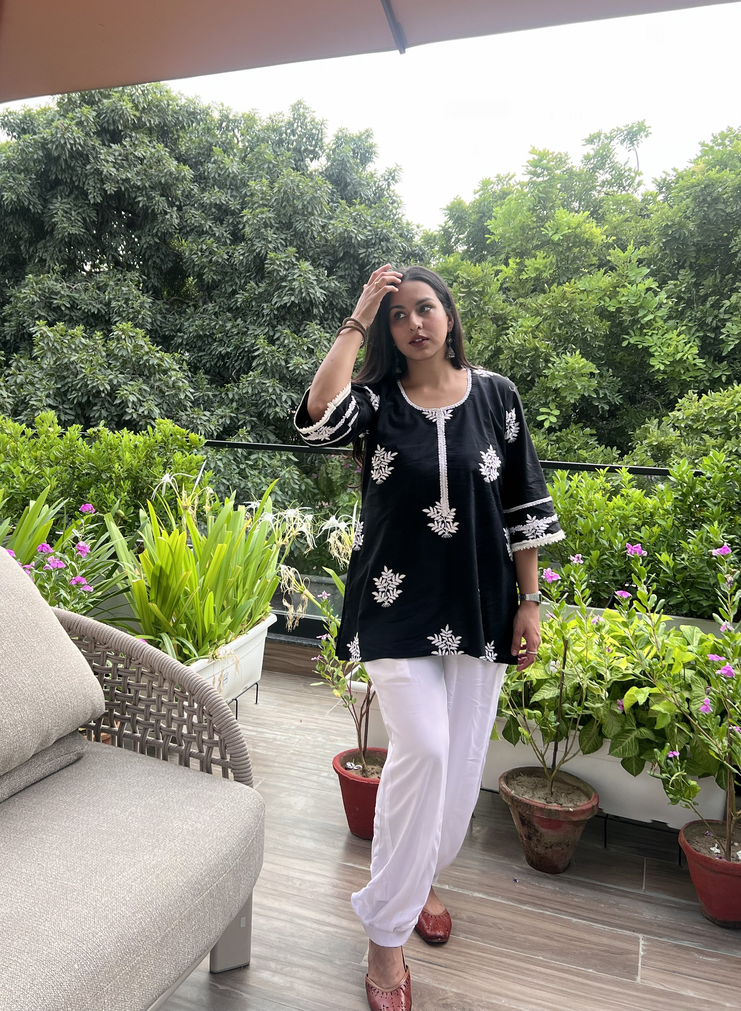 Black Embroidered Bell-Sleeve Kurti with White Afghani Salwar