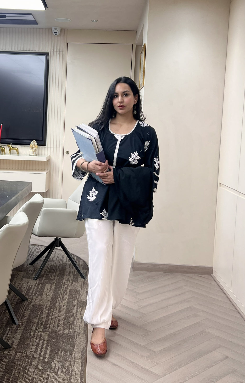 Black Embroidered Bell-Sleeve Kurti with White Afghani Salwar