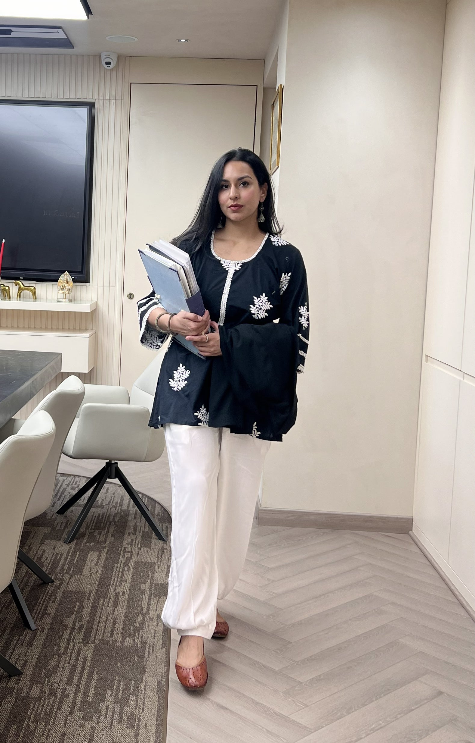 Black Embroidered Bell-Sleeve Kurti with White Afghani Salwar