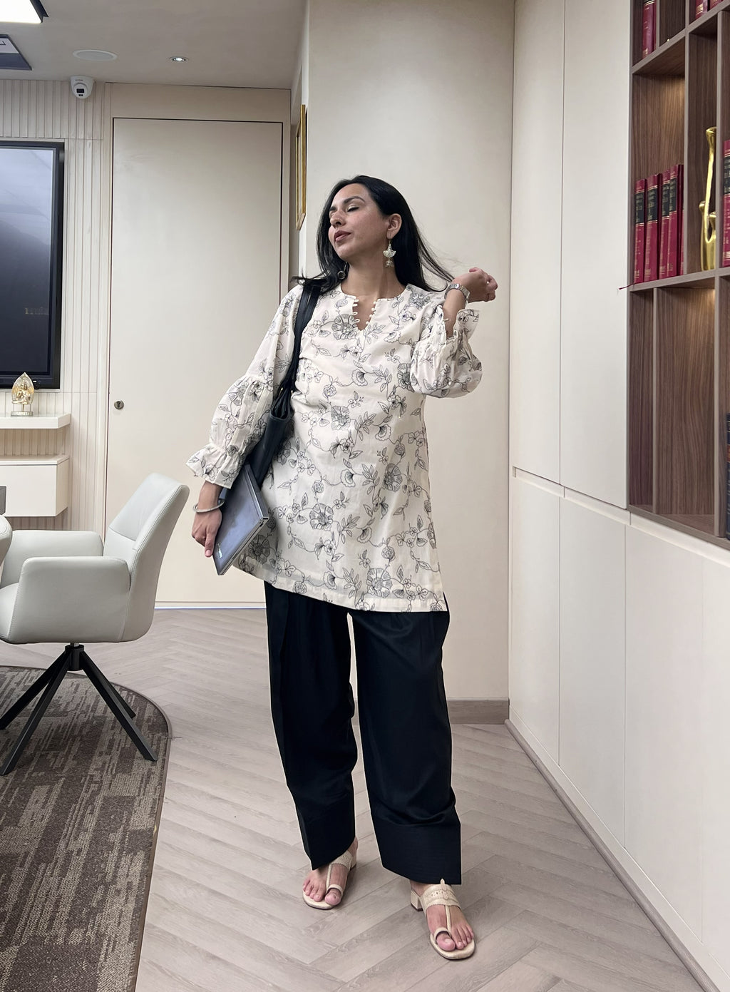 Ivory Floral Thread-Embroidered Kurta with Black Farshi Salwar