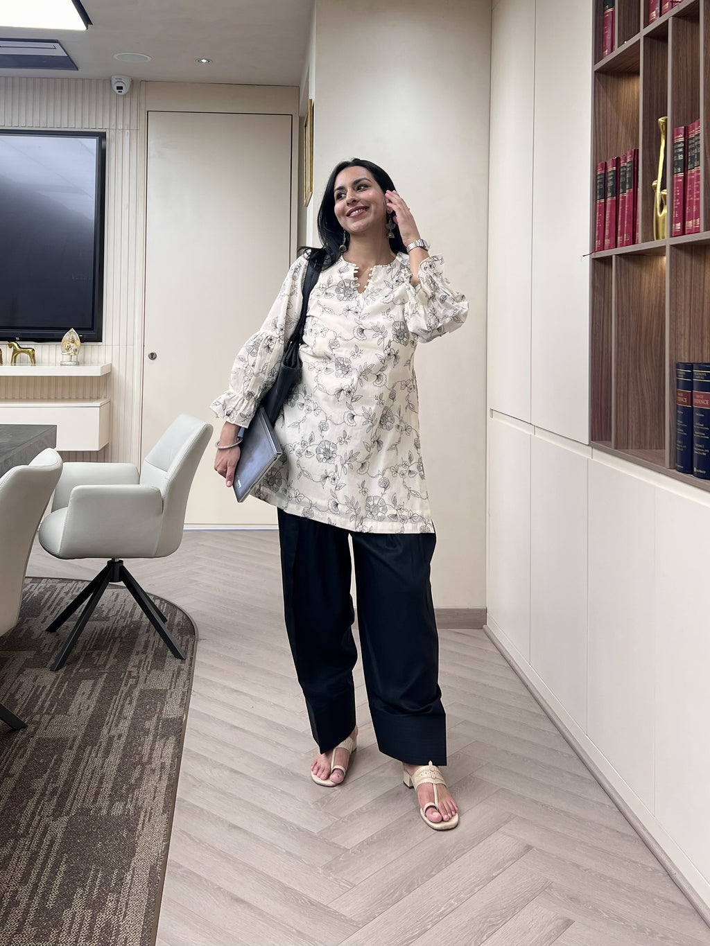 Ivory Floral Thread-Embroidered Kurta with Black Farshi Salwar
