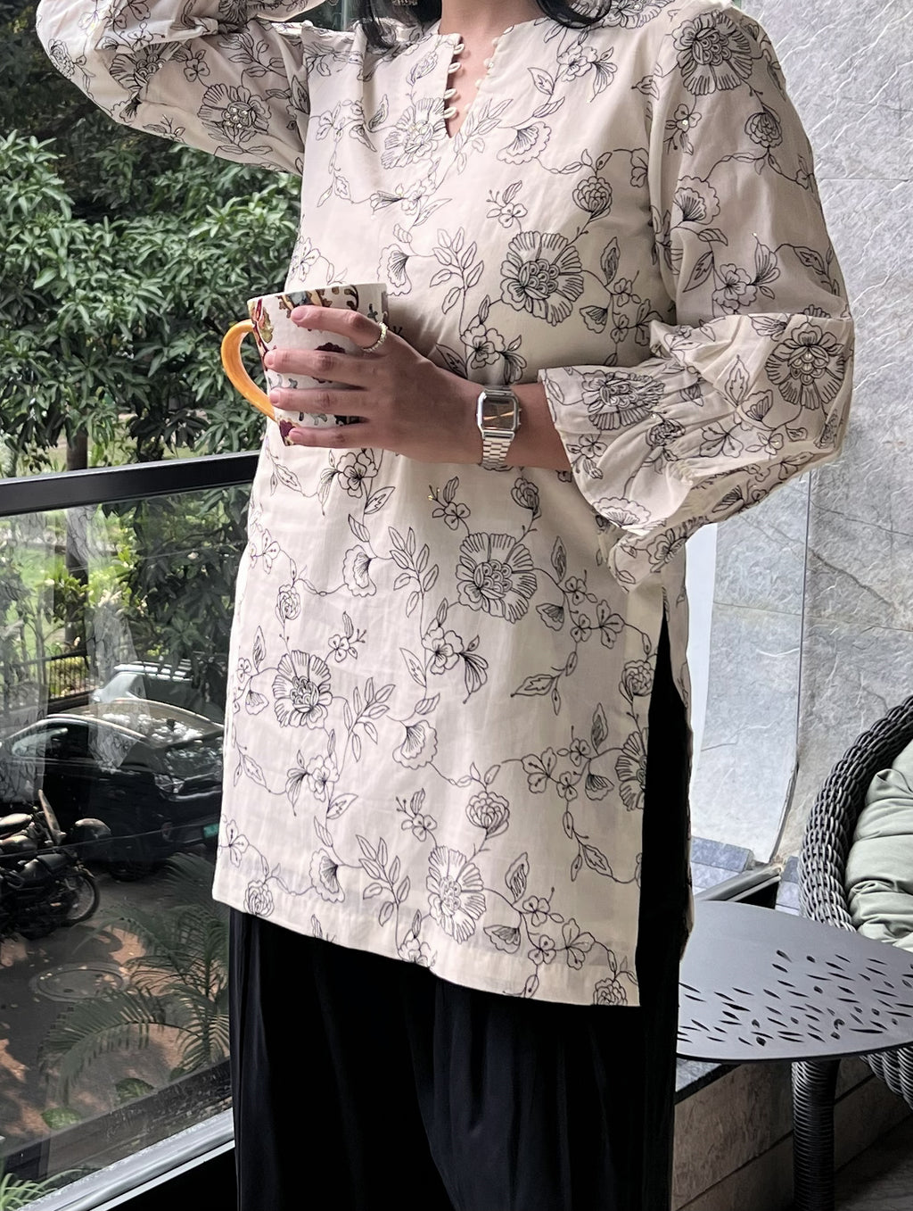 Ivory Floral Thread-Embroidered Kurta with Black Farshi Salwar
