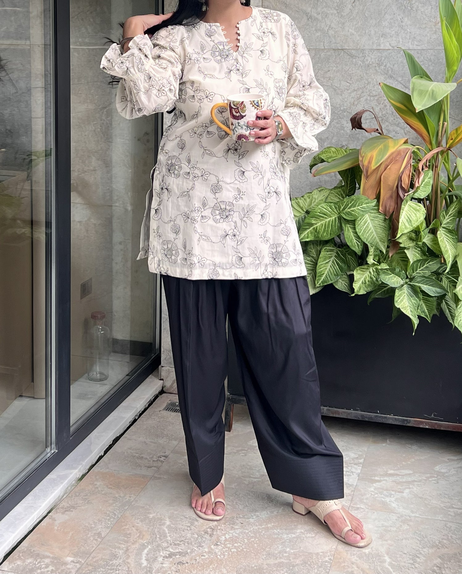 Ivory Floral Thread-Embroidered Kurta with Black Farshi Salwar