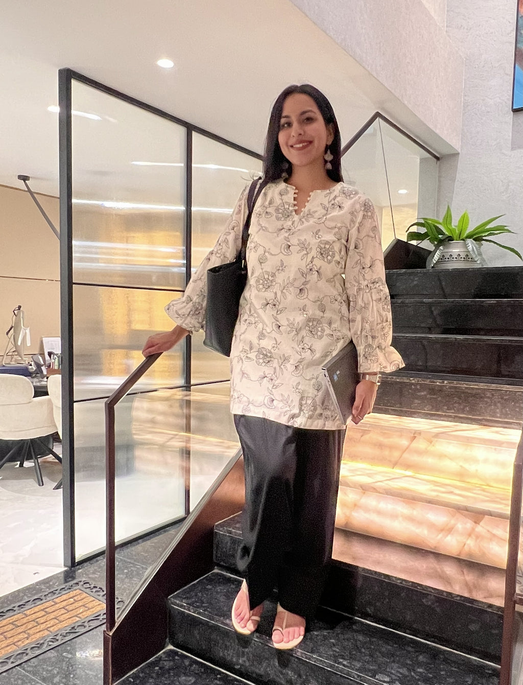 Ivory Floral Thread-Embroidered Kurta with Black Farshi Salwar