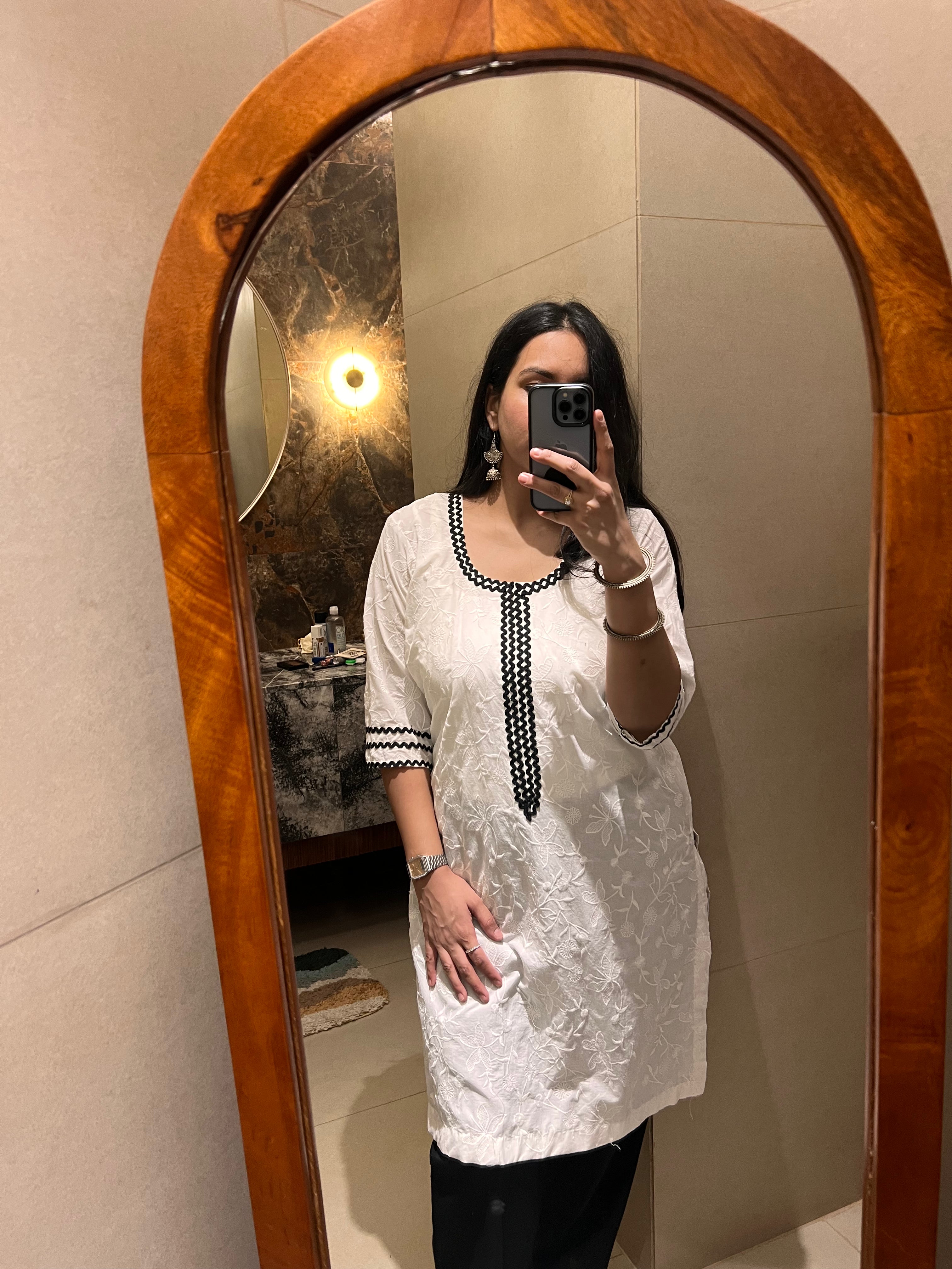 White Floral Embroidered Straight Kurta Set with Black Pants