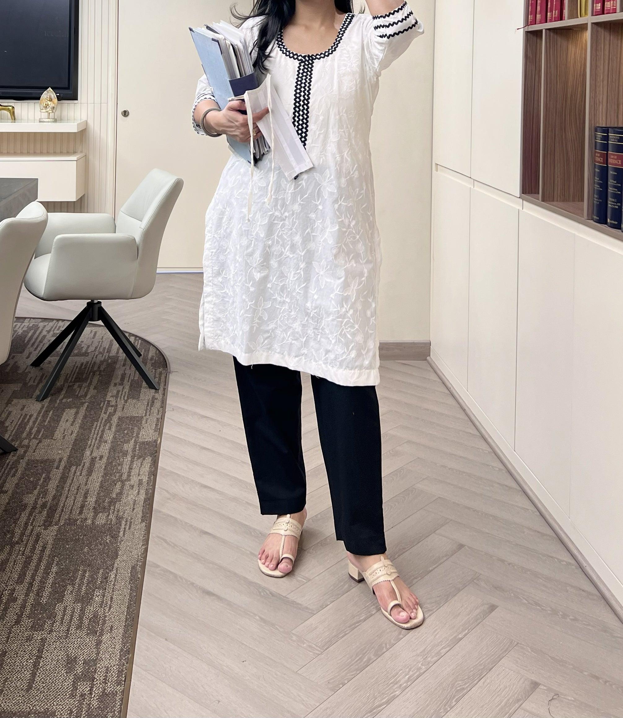 White Floral Embroidered Straight Kurta Set with Black Pants