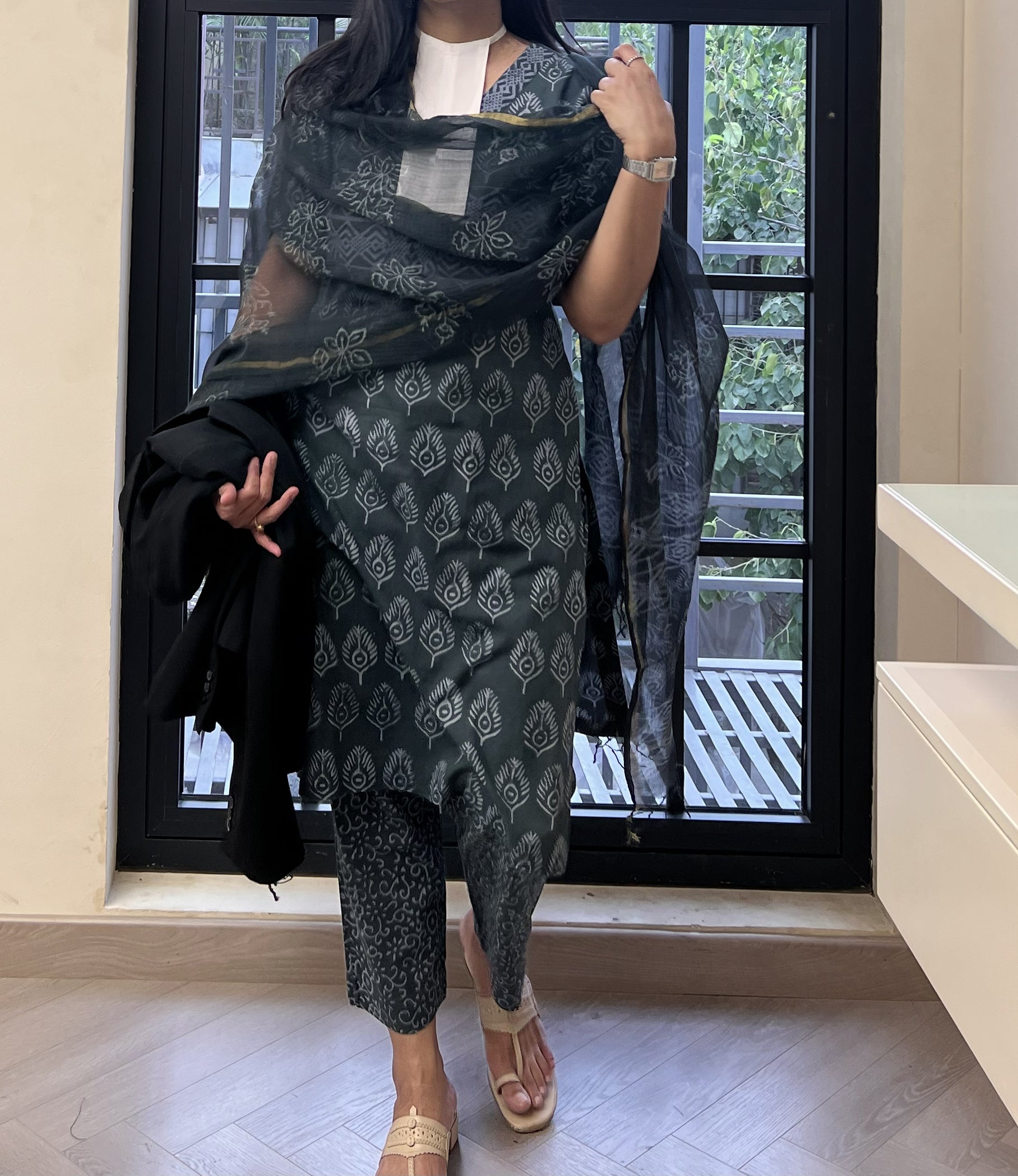 Charcoal Block-Print Suit with Kota Dupatta