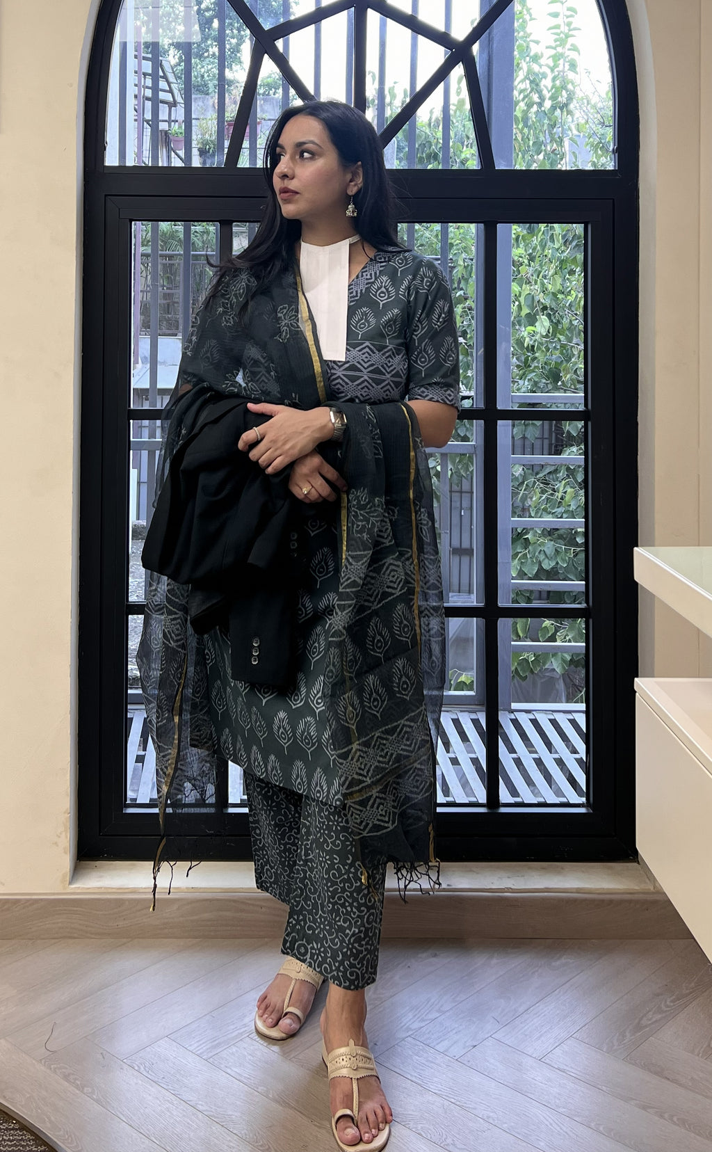 Charcoal Block-Print Suit with Kota Dupatta