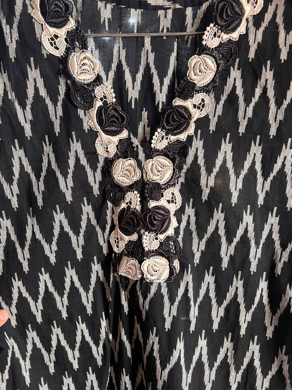 Black Ikat Rosette Kurta with White Straight Pants