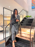 Charcoal Block-Print Suit with Kota Dupatta