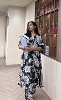 Black & White Floral Print A-Line Kurta Set