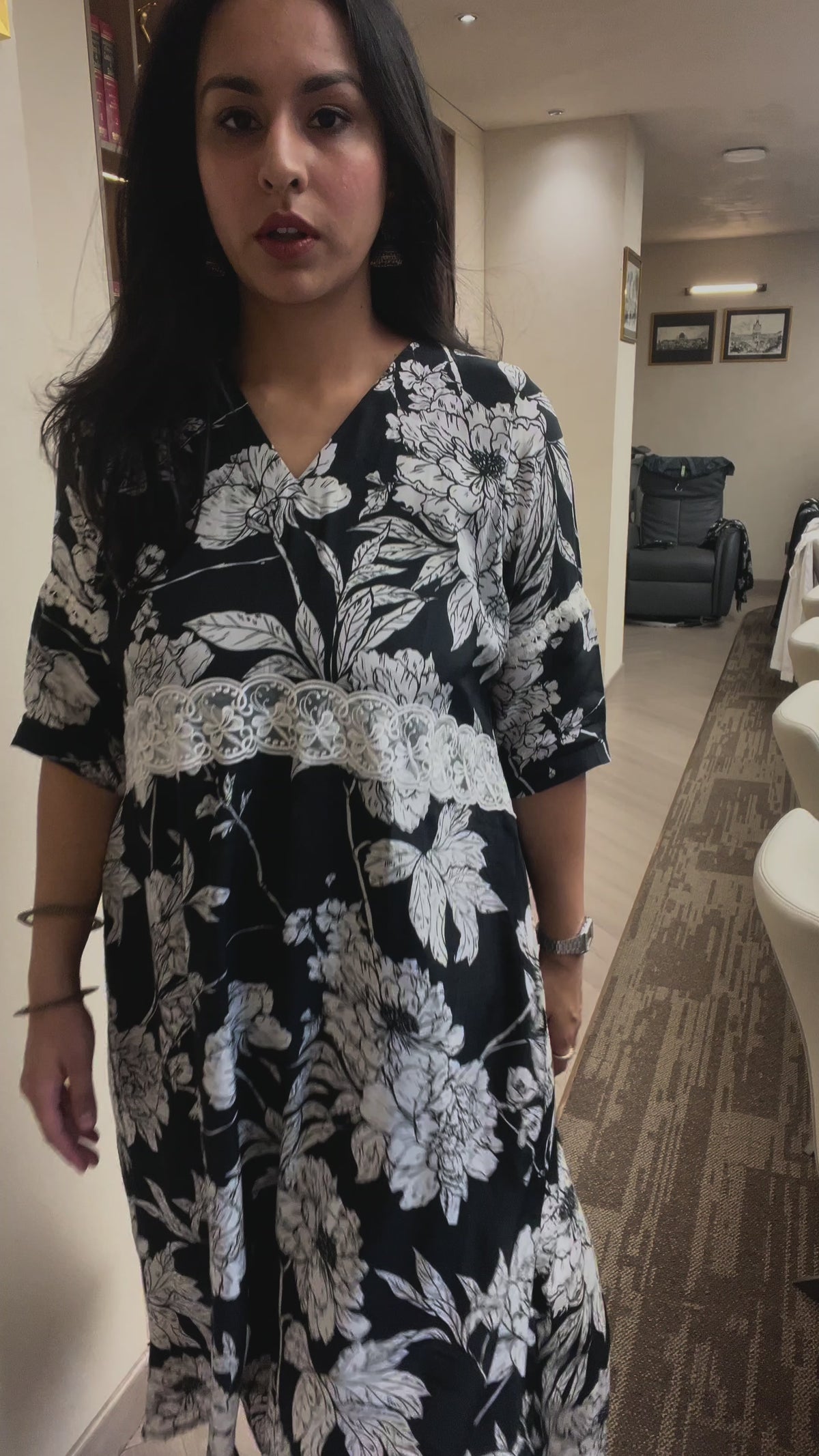 Black & White Floral Print A-Line Kurta Set
