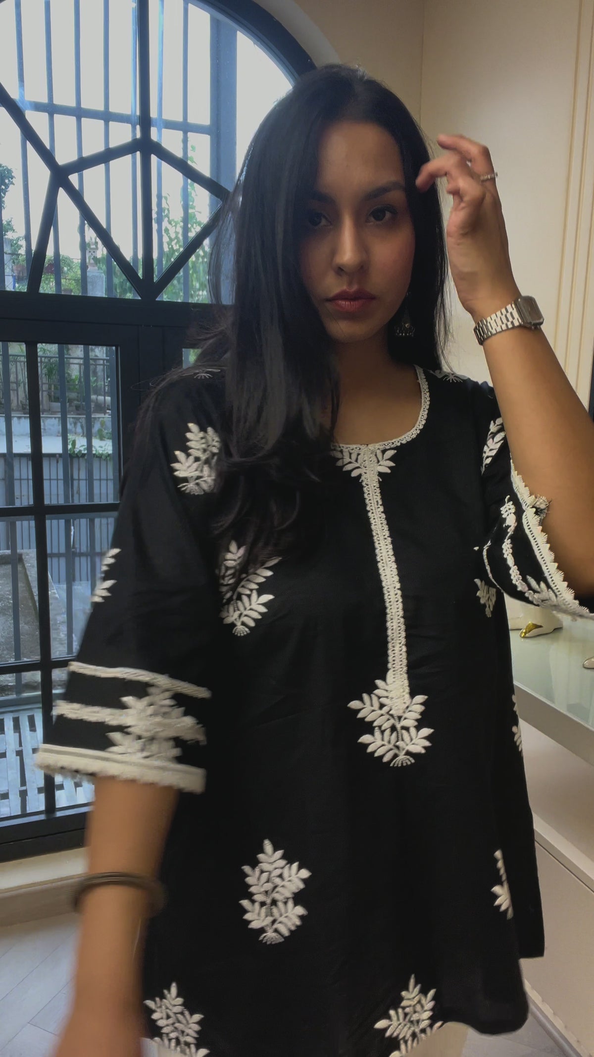 Black Embroidered Bell-Sleeve Kurti with White Afghani Salwar