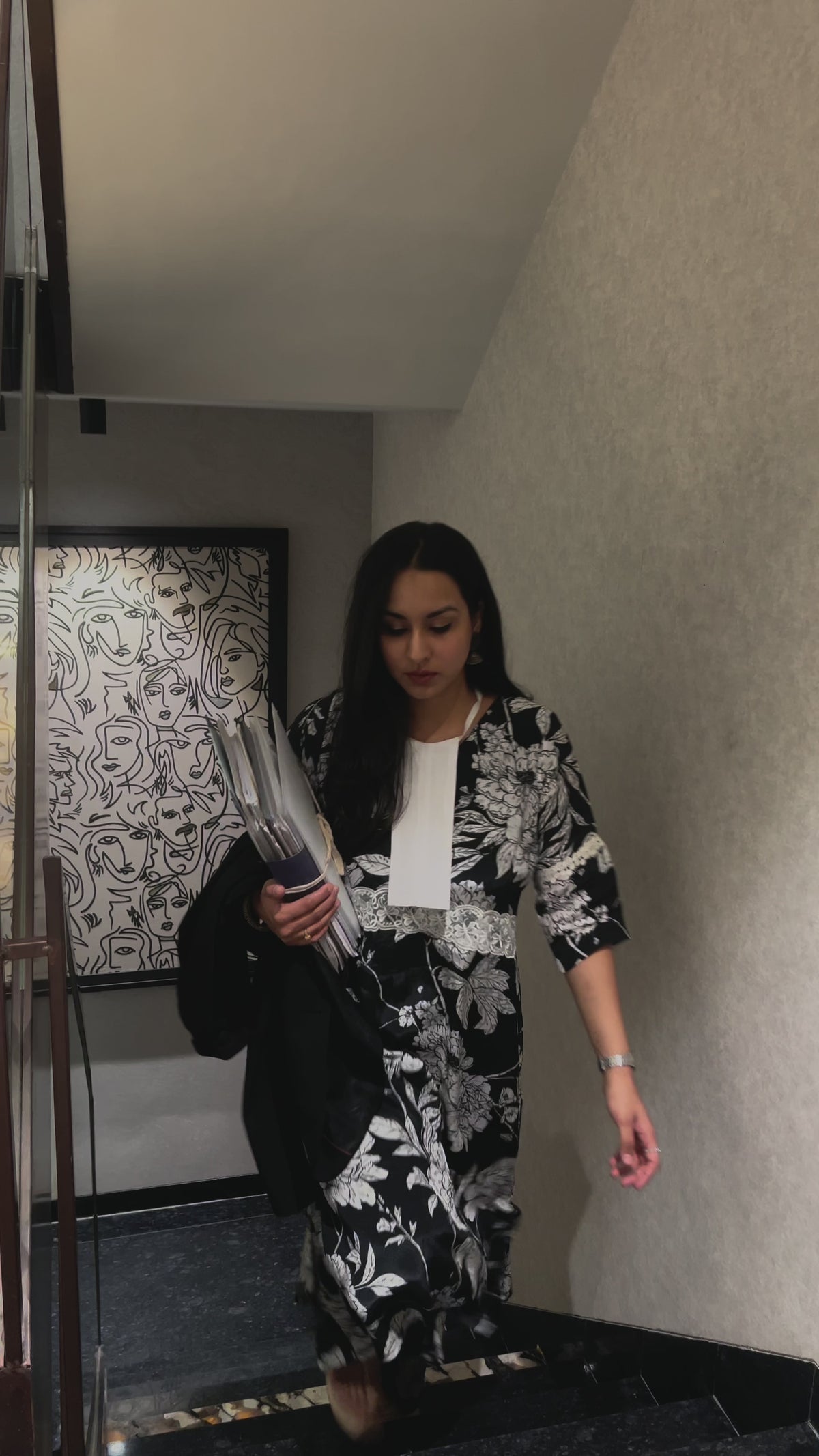 Black & White Floral Print A-Line Kurta Set
